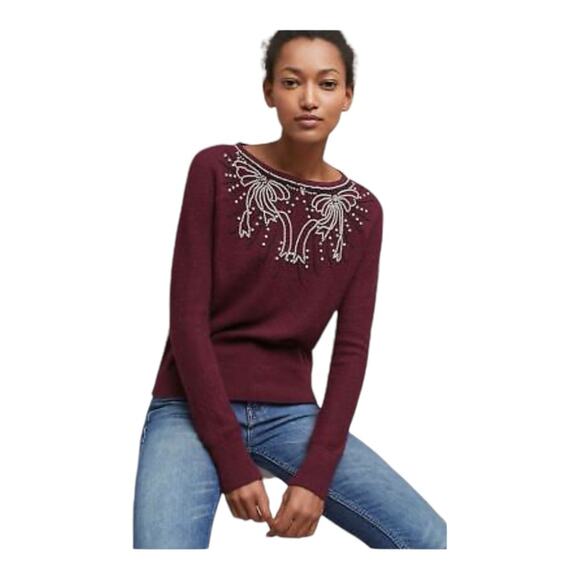 Anthropologie Field Flower Pearled Bow Sweater Womens Size Medium - Picture 1 of 5